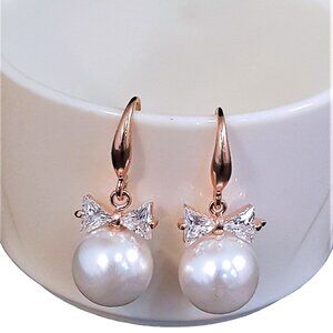 Women's Brilliant Rose Gold Plated CZ Faux Pearl Hook Earrings NWOT